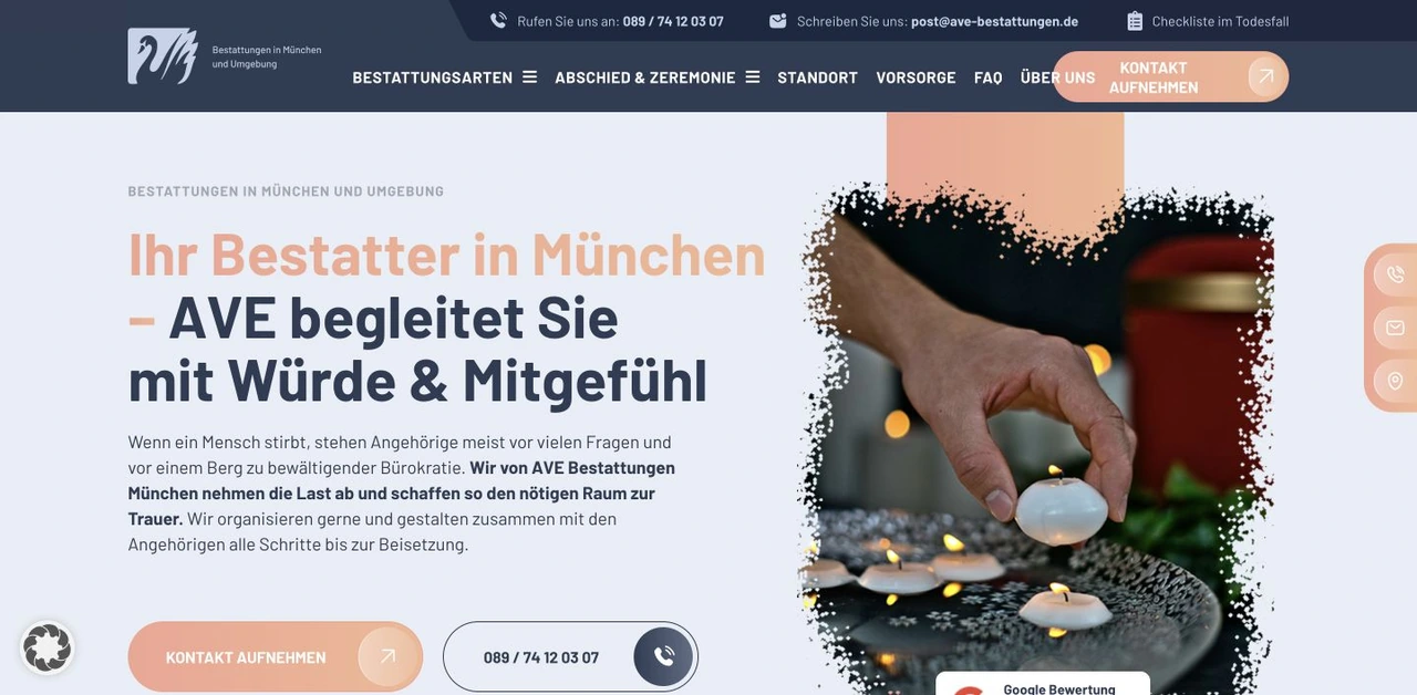 Webseite eines Bestattungsunternehmens in Apricot und Dunkelblau