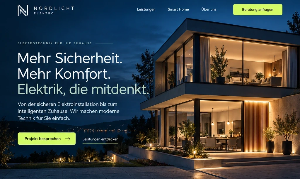 Webseitenentwurf für ein Elektrounternehmen mit beleuchtetem Haus