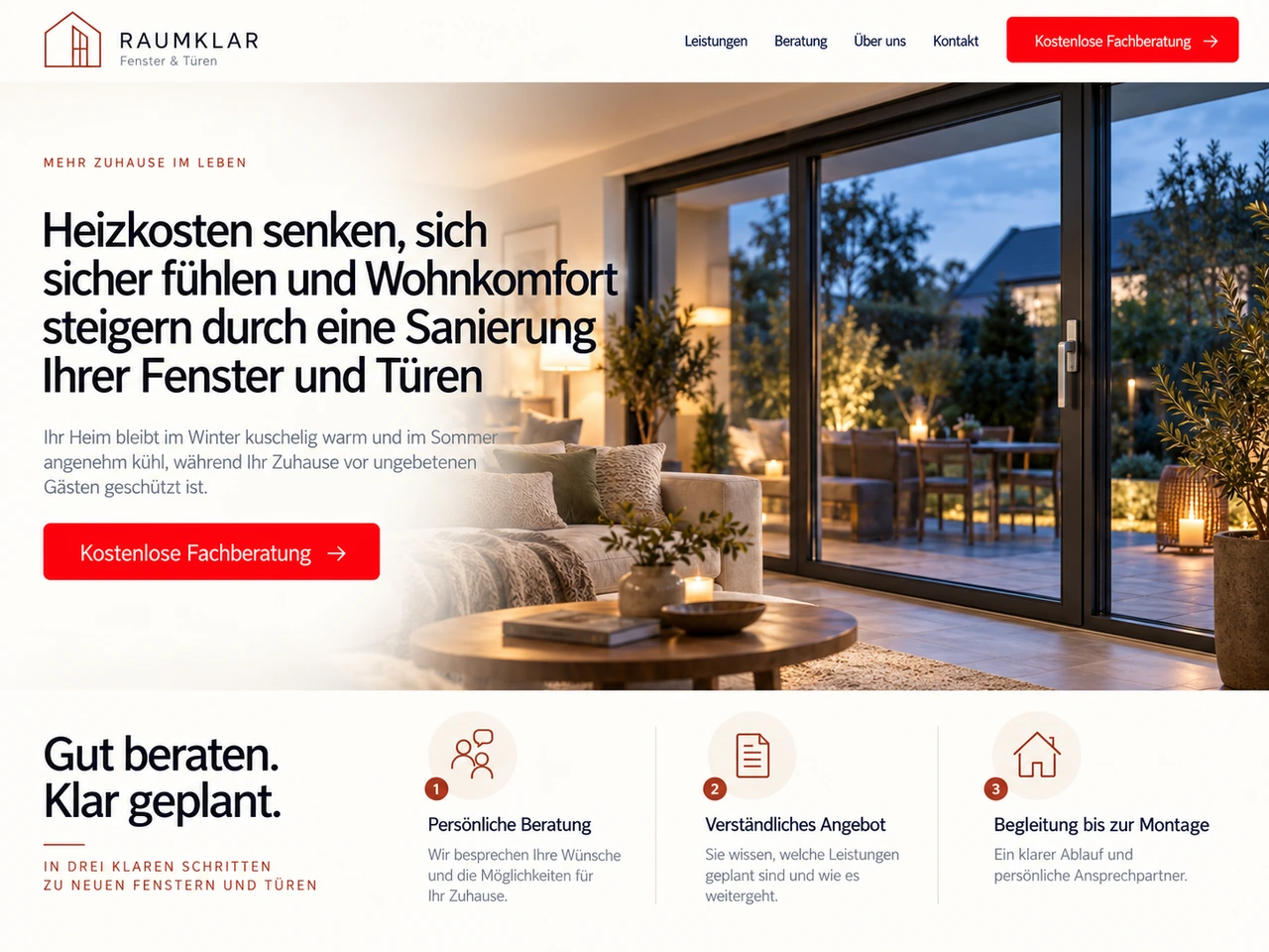 Webseitenentwurf für Fenster und Türen in Weiß und Rot