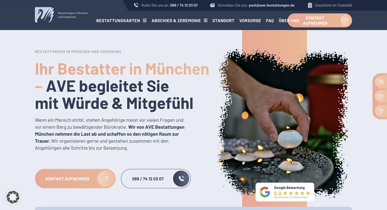 Desktopansicht der Webseite von AVE Bestattungen in München