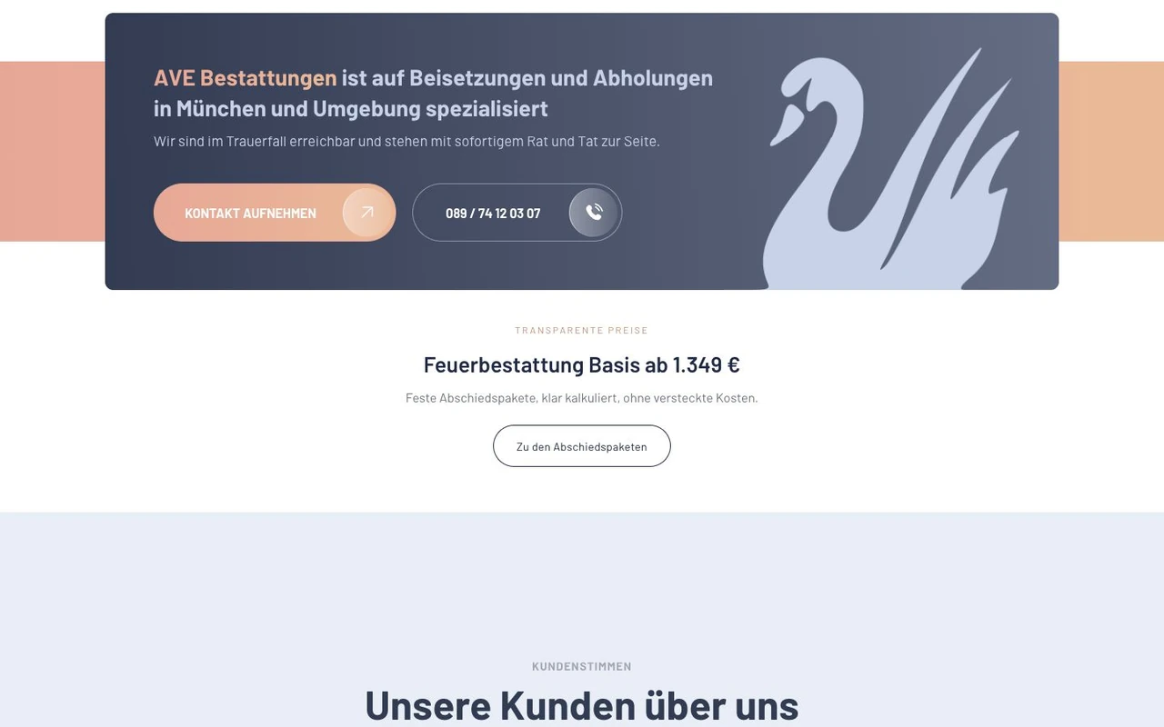 Kontaktbereich und Abschiedspakete der AVE-Webseite